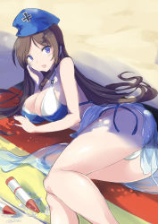 Rule 34 | 1girl, absurdres, ass, bare arms, bare legs, bare shoulders, beach, beach towel, bikini, blue eyes, blush, breasts, brown hair, cleavage, crayon, day, covered erect nipples, from behind, hat, highres, k&ouml;ln (zhan jian shao nyu), kneepits, koln (warship girls r), kuroi kakurando, large breasts, long hair, looking at viewer, looking back, lying, on side, open mouth, outdoors, panties, sand, smile, solo, sunlight, swimsuit, towel, underwear, warship girls r