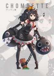 Rule 34 | 1girl, absurdres, black dress, black eyes, black footwear, black gloves, black hair, black pantyhose, blush, boots, bow, breasts, chain, chain chomp, chain leash, character name, cleavage, collarbone, cuffs, dress, elbow gloves, full body, gloves, highres, huge filesize, leash, long hair, looking at viewer, mario (series), medium breasts, musical note, new super mario bros. u deluxe, nintendo, pantyhose, parted lips, persocon93, ponytail, princess chain chomp, red bow, shackles, sharp teeth, smile, solo, stake, standing, super crown, teeth, torn clothes, torn pantyhose