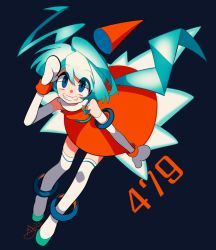 Rule 34 | 1girl, bare shoulders, blue background, blue eyes, blue hair, creatures (company), dress, elbow gloves, female focus, full body, game freak, gen 4 pokemon, gloves, green footwear, hand up, leaning forward, long hair, looking at viewer, nintendo, personification, pokedex number, pokemon, pokemon dppt, red dress, rotom, sameyama jiro, signature, simple background, sleeveless, sleeveless dress, smile, solo, standing, teeth, text focus, thighhighs, twintails, white gloves, white thighhighs, zettai ryouiki