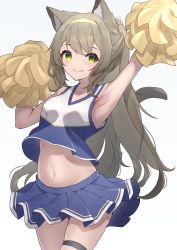 Rule 34 | 1girl, absurdres, animal ear fluff, animal ears, arm up, armpits, bare shoulders, blue shirt, blue skirt, blush, brown hair, cat ears, cat girl, cat tail, cheerleader, closed mouth, cowboy shot, crop top, green eyes, hairband, highres, hinata (user rjkt4745), holding, long hair, looking at viewer, midriff, miniskirt, navel, original, pleated skirt, pom pom (cheerleading), shirt, skirt, sleeveless, sleeveless shirt, smile, solo, stomach, tail, thigh strap, very long hair, yellow hairband