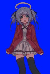 Rule 34 | 1girl, absurdres, arms at sides, black ribbon, black thighhighs, blazer, blue background, blue hair, blush, bokusatsu tenshi dokuro-chan, feet out of frame, grey eyes, hair ribbon, halo, hasu art, highres, jacket, long sleeves, looking at viewer, medium hair, mitsukai dokuro, neck ribbon, open clothes, open jacket, open mouth, pigeon-toed, pleated skirt, red jacket, ribbon, school uniform, shirt, short twintails, skirt, smile, solo, straight-on, thighhighs, twintails, white shirt, white skirt, zettai ryouiki