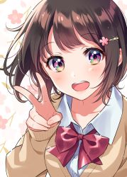 Rule 34 | 1girl, blush, bow, bowtie, brown hair, collarbone, green eyes, hair ornament, hairclip, light brown sweater, long sleeves, morikura en, multicolored eyes, open mouth, original, purple eyes, red bow, red bowtie, school uniform, shirt, short hair, smile, solo, sweater, upper body, v, white shirt