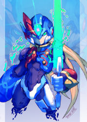 Rule 34 | 1boy, android, arm cannon, blonde hair, cowboy shot, cropped legs, dated, energy blade, energy sword, fusion, glowing, green eyes, helmet, highres, holding, holding weapon, long hair, looking at viewer, male focus, mega man (series), mega man zero (series), serious, signature, solo, sword, tomycase, weapon, x (mega man), zero(z) (mega man), zero (mega man), zoom layer