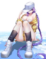 Rule 34 | 1girl, :p, arm support, ass, bare shoulders, baseball cap, bb (fate), bb (fate) (all), bb (swimsuit mooncancer) (fate), bb (swimsuit mooncancer) (first ascension) (fate), bikini, bikini skirt, black legwear, boots, braid, breasts, cameltoe, covered erect nipples, cropped jacket, fate/grand order, fate (series), full body, hat, highres, jacket, large breasts, long braid, long hair, looking at viewer, off shoulder, open clothes, open jacket, purple eyes, purple hair, rahato, single braid, sitting, skirt, sky, smile, solo, star (symbol), swimsuit, tongue, tongue out, very long hair, white bikini, white footwear, yellow jacket, yellow skirt