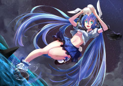 Rule 34 | 1girl, aqua eyes, blue hair, breasts, rabbit, hatsune miku, long hair, night, open mouth, realdragon, sky, small breasts, socks, solo, star (sky), starry sky, storm, twintails, underboob, very long hair, vocaloid, water