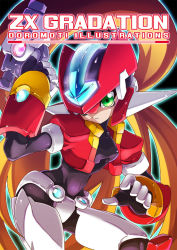 Rule 34 | 1girl, aile (mega man zx), armor, bad id, bad pixiv id, blonde hair, bodystocking, bodysuit, breasts, brown hair, commentary request, gloves, green eyes, helmet, long hair, looking at viewer, model zx (mega man), ponytail, mega man (series), mega man zx, solo, spandex, standing, suteito, weapon