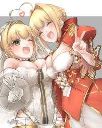 Rule 34 | 2girls, :d, ;d, ^ ^, ahoge, bare shoulders, blonde hair, blush, braid, breasts, cleavage, closed eyes, detached sleeves, dress, epaulettes, fate/extra, fate/extra ccc, fate (series), green eyes, grey background, hair bun, hair intakes, heart, highres, juliet sleeves, large breasts, leotard, long sleeves, multiple girls, nero claudius (bride) (fate), nero claudius (bride) (second ascension) (fate), nero claudius (fate), nero claudius (fate) (all), nero claudius (fate/extra), one eye closed, open mouth, puffy sleeves, red dress, see-through, sidelocks, single hair bun, smile, strapless, strapless leotard, two-tone background, v, white background, white leotard, white sleeves, wide sleeves, yayoi maka