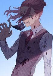 Rule 34 | 1boy, androgynous, artist name, blood, blood on clothes, blood on face, blue sky, buttons, clear sky, clenched teeth, collared shirt, colored eyelashes, commentary request, day, dress shirt, eyelashes, floating hair, green eyes, hair between eyes, hand up, high ponytail, highres, hua (supa jopa), long hair, long sleeves, looking at viewer, male focus, mask, mask pull, mouth mask, necktie, outdoors, parted lips, pink hair, pinstripe pattern, ponytail, purple necktie, purple vest, sanzu haruchiyo, scar, scar on face, scar on mouth, shirt, sky, solo, striped clothes, striped necktie, striped vest, teeth, tokyo revengers, twitter username, upper body, vest, white shirt, wing collar