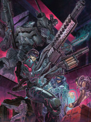 Rule 34 | 1girl, 4boys, armored personnel carrier, armored vehicle, blue hair, breasts, brown hair, cable, closed eyes, cyberpunk, cyborg, dual wielding, grenade launcher, gun, head tilt, highres, holding, holding gun, holding knife, holding weapon, knife, long hair, looking down, looking up, mecha, medium breasts, metalhead (ttrpg), multiple boys, official art, open mouth, parted lips, robot, shoulder cannon, weapon, yonemura kouichirou