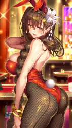 Rule 34 | 1girl, animal ears, ass, bare shoulders, blush, bracelet, braid, braided ponytail, breasts, brown eyes, brown hair, commentary request, cowboy shot, fake animal ears, fishnet pantyhose, fishnets, flower, hair between eyes, hair flower, hair ornament, hair over shoulder, highres, indoors, jewelry, kanpani girls, large breasts, leotard, long hair, looking at viewer, mole, mole under eye, open mouth, pantyhose, playboy bunny, rabbit ears, rabbit tail, red leotard, senri gan, shirayuri sakura, single braid, smile, solo, standing, strapless, strapless leotard, sweat, sweatdrop, tail, very long hair