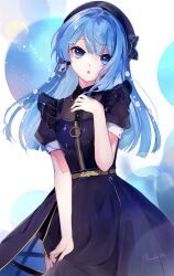 Rule 34 | 1girl, absurdres, belt, beret, blue eyes, blue hair, blue hat, hat, highres, hololive, hoshimachi suisei, hoshimachi suisei (stellar into the galaxy), long hair, looking at viewer, red666, short sleeves, solo, tagme, virtual youtuber, zipper