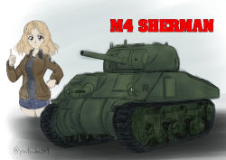 Rule 34 | 1girl, absurdres, blonde hair, breasts, caterpillar tracks, commentary request, girls und panzer, grey background, highres, huge filesize, jacket, kay (girls und panzer), m4 sherman, military, military vehicle, motor vehicle, saunders military uniform, shirt, short hair, shorts, signature, smile, star (symbol), tank, yontouhei2019