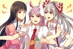 Rule 34 | 3girls, animal ears, annoyed, arm grab, black hair, bow, carrot, cheek pinching, commentary request, fujiwara no mokou, gradient background, hair bow, hime cut, houraisan kaguya, kaede (mmkeyy), light purple hair, long hair, long sleeves, looking at another, multiple girls, necktie, open mouth, pinching, rabbit ears, red eyes, red necktie, reisen udongein inaba, shirt, short sleeves, silver hair, smile, suspenders, sweatdrop, touhou, very long hair, white shirt, wide sleeves, yellow background
