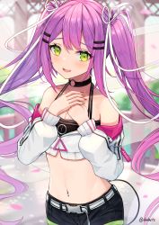 Rule 34 | 1girl, absurdres, black choker, black shorts, blurry, blurry background, blush, choker, commentary request, crop top, cropped jacket, day, dvdarts, green eyes, green nails, hair ornament, hair ribbon, hairclip, highres, hololive, jacket, long hair, long sleeves, looking at viewer, multicolored nails, nail polish, navel, navel piercing, open mouth, own hands together, piercing, puffy long sleeves, puffy sleeves, purple eyes, purple nails, ribbon, shorts, smile, solo, standing, stomach, tail, tokoyami towa, twintails, twitter username, very long hair, virtual youtuber, white jacket, white ribbon