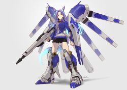 Rule 34 | 1girl, absurdres, animal ears, armor, beam rifle, blue hair, breasts, char&#039;s counterattack, char&#039;s counterattack - beltorchika&#039;s children, closed eyes, commentary request, crossover, energy gun, fin funnels, full body, godolphin barb (umamusume), grey background, grin, gun, gundam, hair intakes, hi-nu gundam, highres, holding, holding gun, holding weapon, horse ears, horse girl, horse tail, kionaoki, long hair, mecha musume, medium breasts, parody, parted bangs, shield, sidelocks, signature, smile, solo, standing, tail, umamusume, weapon