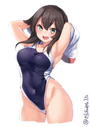 Rule 34 | 1girl, alternate costume, armpits, arms up, black hair, breasts, collarbone, competition swimsuit, covered navel, cowboy shot, ebifurya, grey eyes, hair between eyes, hair over shoulder, hayasui (kancolle), highleg, highleg swimsuit, highres, impossible clothes, impossible swimsuit, jacket, kantai collection, large breasts, looking at viewer, one-piece swimsuit, short hair, sidelocks, simple background, solo, swimsuit, thighs, track jacket, white background