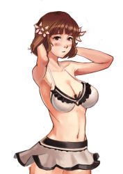 Rule 34 | 1girl, absurdres, bad id, bad pixiv id, bikini, blush, breasts, brown eyes, brown hair, cleavage, cyphers, flower, hair flower, hair ornament, highres, mia (cyphers), navel, short hair, simple background, skirt, solo, swimsuit, white background