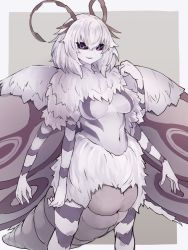 Rule 34 | 1girl, antennae, arthropod girl, black sclera, body fur, border, breasts, colored sclera, colored skin, extra arms, highres, insect girl, insect wings, looking at viewer, mon-musu quest!, monster girl, moth girl, navel, no nipples, purple eyes, satania (mon-musu quest!), smile, solo, standing, white border, white hair, white skin, wings, yonaga san