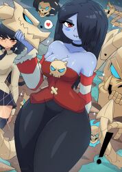 Rule 34 | !, 1boy, 2girls, black hair, black necktie, black pants, black skirt, black thighhighs, blue eyes, blue skin, blush, breasts, choker, cleavage, cloud, collarbone, colored skin, detached sleeves, filia (skullgirls), heart, large breasts, leviathan (skullgirls), long hair, long sleeves, looking at viewer, monster, multiple girls, necktie, pants, red eyes, red shirt, shirt, skeleton, skirt, skull, skullgirls, sky, smile, sparkle, speech bubble, spoken heart, squigly (skullgirls), standing, stitched mouth, stitches, strapless, thighhighs, tony welt, tube top, white shirt