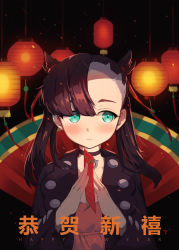 Rule 34 | 1girl, asymmetrical bangs, black jacket, blush, brown hair, chinese commentary, chinese new year, chinese text, choker, closed mouth, commentary, creatures (company), dress, game freak, green eyes, hair ribbon, hands up, happy new year, highres, holding, jacket, lantern, long hair, marnie (pokemon), new year, nintendo, open clothes, open jacket, paper lantern, pink dress, pokemon, pokemon swsh, red ribbon, ribbon, simplified chinese text, solo, translated, twintails, upper body, weill