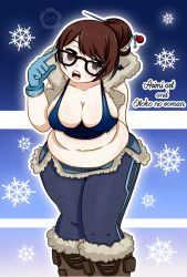 Rule 34 | 1girl, belly, belt, black-framed eyewear, blue gloves, boots, breasts, brown eyes, brown hair, cleavage, coat, covered erect nipples, fat, fur-trimmed boots, fur-trimmed jacket, fur boots, fur coat, fur trim, glasses, gloves, hair ornament, hair stick, highres, jacket, leaning forward, looking at viewer, medium breasts, mei (overwatch), open mouth, overwatch, overwatch 1, plump, short hair, snowflake hair ornament, snowflakes, solo, utility belt, wide hips, winter clothes, winter coat