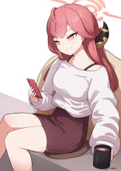 Rule 34 | 1girl, absurdres, aru (blue archive), blue archive, blush, breasts, brown horns, brown skirt, cellphone, closed mouth, coffee, cup, demon horns, halo, highres, holding, holding phone, horns, kittenlochen, large breasts, long hair, long sleeves, pencil skirt, phone, pink hair, pink halo, shirt, simple background, skirt, smartphone, smile, solo, white background, white shirt, yellow eyes