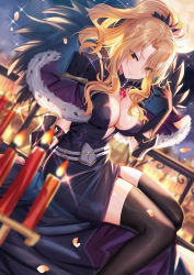 Rule 34 | 1girl, absurdres, black gloves, black thighhighs, blonde hair, breasts, candle, capelet, christina (princess connect!), cleavage, closed mouth, falling petals, from side, full moon, fur-trimmed capelet, fur trim, gem, gloves, hand up, highres, jewelry, large breasts, lips, long hair, looking at viewer, moon, necklace, night, night sky, outdoors, petals, ponytail, princess connect!, shanguier, sitting, sky, solo, thighhighs, thighs, yellow eyes, zettai ryouiki