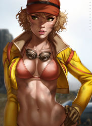Rule 34 | 10s, 1girl, bikini, blonde hair, bra, breasts, cidney aurum, cleavage, cropped jacket, curly hair, dandon fuga, dirty, covered erect nipples, final fantasy, final fantasy xv, goggles, goggles around neck, green eyes, hand on own hip, hat, jacket, navel, open clothes, open jacket, parted lips, solo, stomach, swimsuit, toned, underwear