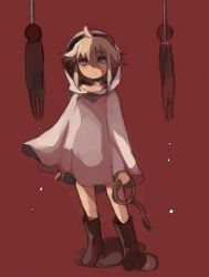 Rule 34 | 1girl, bad id, bad pixiv id, black footwear, blonde hair, boots, cape, cloak, expressionless, full body, holding, looking at viewer, naked cape, naked cloak, noose, rope, rubber boots, shochi, short hair, solo, standing, teruterubouzu, urotsuki, yume 2kki