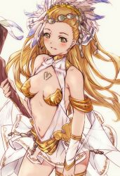 Rule 34 | 10s, 1girl, absurdres, armlet, bare shoulders, blonde hair, blush, breasts, center opening, character request, cleavage, dress, feathers, granblue fantasy, hair ornament, highres, jewelry, long hair, looking at viewer, navel, niko (tama), petra (granblue fantasy), ponytail, scepter, sleeveless, sleeveless dress, small breasts, smile, solo, white dress, wristband, yellow eyes