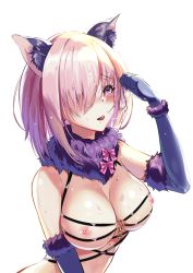 Rule 34 | 1girl, animal ears, augu (523764197), bad id, bad pixiv id, blush, bow, breasts, choker, condom, elbow gloves, fate/grand order, fate (series), fox ears, fur trim, gloves, hair over one eye, holding, holding condom, large breasts, mash kyrielight, mash kyrielight (dangerous beast), nipples, official alternate costume, pink bow, pink hair, purple eyes, purple gloves, saliva, saliva trail, shiny skin, short hair, simple background, solo, striped, striped bow, tongue, tongue out, upper body, used condom, white background