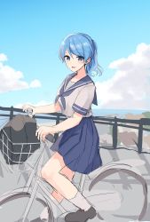 Rule 34 | 1girl, alternate costume, alternate hairstyle, bicycle, blue eyes, blue hair, blue sailor collar, blue skirt, blush, breasts, cloud, commentary request, day, highres, kantai collection, kneehighs, medium breasts, open mouth, outdoors, ponytail, riding, riding bicycle, sailor collar, school uniform, senbei (senbe i), serafuku, short sleeves, skirt, sky, socks, solo, urakaze (kancolle), white socks