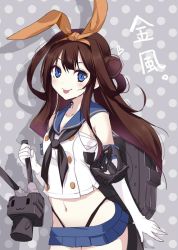 Rule 34 | 1girl, :p, anchor, black panties, blouse, breasts, brown hair, cannon, cosplay, double bun, elbow gloves, gloves, hairband, highleg, highleg panties, kantai collection, kongou (kancolle), long hair, microskirt, navel, panties, personification, rensouhou-chan, sarashi, shimakaze (kancolle), shimakaze (kancolle) (cosplay), shirt, skirt, small breasts, smile, tongue, tongue out, turret, underwear, white gloves, yoshiwo