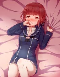 Rule 34 | 10s, 1girl, atatata71, bad id, bad pixiv id, blush, collarbone, hat, highres, kantai collection, karikura (atatata71), long sleeves, lying, neckerchief, on back, open clothes, red eyes, red hair, sailor collar, sailor hat, short hair, sidelocks, solo, unbuttoned, z3 max schultz (kancolle)