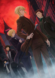 Rule 34 | 5boys, absurdres, albert james moriarty, black suit, blonde hair, blue scarf, brown suit, cane, dutch angle, elizabeth tower, formal, fred porlock, glasses, green neckwear, highres, holding, holding cane, key visual, looking at viewer, looking to the side, louis james moriarty, male focus, moon, multiple boys, official art, promotional art, purple suit, red eyes, red moon, red neckwear, scarf, sebastian moran (yuukoku no moriarty), short hair, suit, tagme, william james moriarty, yuukoku no moriarty