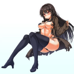Rule 34 | 1girl, ass, bikini, black bikini, black footwear, black hair, black thighhighs, blue background, blush, breasts, closed mouth, coat, from below, full body, gradient background, hair between eyes, high heels, highres, invisible chair, iris yuma, large breasts, lhu (barappra1), light frown, long hair, long sleeves, looking at viewer, looking down, micro bikini, navel, open clothes, open coat, sidelocks, sitting, sleeves past wrists, solo, soulworker, stomach, straight hair, swimsuit, thighhighs, underboob, very long hair