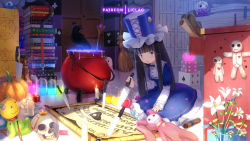Rule 34 | 1girl, :o, animal, artist name, bird, black hair, black hat, blue dress, blue eyes, blue hat, blunt bangs, book, book stack, broom, burning, candle, cauldron, club (shape), commentary request, crow, crystal ball, diamond (shape), dice, dress, eyeball, fire, flask, flower, frilled hat, frills, glowing, hat, heart, hexagram, holding, holding knife, indoors, key, kitchen knife, knife, layered sleeves, liclac, long hair, long sleeves, looking at viewer, magic circle, mini hat, mini witch hat, on floor, original, ouija, parchment, parted lips, puffy short sleeves, puffy sleeves, pumpkin, round-bottom flask, short over long sleeves, short sleeves, skull, sleeves past wrists, solo, spade (shape), staff, stuffed animal, stuffed rabbit, stuffed toy, top hat, very long hair, voodoo doll, white flower, witch, witch hat