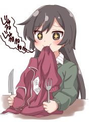 Rule 34 | + +, 1girl, aged up, blush, brown eyes, brown hair, chewing, clothes in mouth, collar, collared shirt, commentary request, eating, fork, green shirt, happy, highres, holding, holding fork, holding knife, jacket, knife, long hair, long sleeves, matsumoto kouko, red jacket, saliva, shirt, simple background, solo, sparkling eyes, table, track jacket, track suit, translation request, usagi koushaku, watashi ni tenshi ga maiorita!, white background, white collar