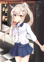 Rule 34 | 1girl, absurdres, ayanami (azur lane), azur lane, blue bow, blue skirt, bow, breasts, brown eyes, checkered floor, collared shirt, commentary request, covered mouth, cowboy shot, crepe, dress shirt, fingernails, food, hair between eyes, hair ornament, hairclip, headgear, high ponytail, highres, holding, holding food, holding hands, kana (kuaua), light brown hair, out of frame, pleated skirt, ponytail, shirt, short sleeves, sidelocks, skirt, small breasts, solo focus, standing, white shirt