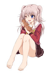 Rule 34 | 10s, 1girl, barefoot, blue eyes, blush, charlotte (anime), feet, full body, highres, ippachi, licking, long hair, one eye closed, otter, school uniform, serafuku, simple background, sitting, solo, toes, tomori nao, twintails, two side up, white background