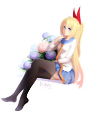 Rule 34 | 10s, 1girl, absurdres, artist name, bad id, bad pixiv id, black thighhighs, blonde hair, blue eyes, blue skirt, closed mouth, commentary request, dated, english text, eyebrows, flower, hair between eyes, hair ribbon, highres, hydrangea, june, kirisaki chitoge, lips, long hair, long sleeves, necktie, nisekoi, no shoes, nose, plant, pleated skirt, ribbon, school uniform, serafuku, simple background, sitting, skirt, smile, solo, text focus, thighhighs, ulyssesd, very long hair, white background, zettai ryouiki