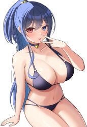Rule 34 | 1girl, absurdres, bikini, blue eyes, blue hair, blush, breasts, choker, collarbone, heterochromia, highres, large breasts, long hair, looking at viewer, navel, original, ponytail, red eyes, siguren126, solo, swimsuit, thighs, tongue, tongue out, v