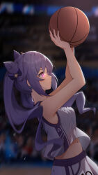 Rule 34 | 1girl, absurdres, alternate costume, armpits, arms up, ball, bare shoulders, basketball, basketball uniform, breasts, closed mouth, cone hair bun, cowboy shot, earrings, from side, genshin impact, glowing, glowing eye, grey shirt, grey shorts, hair bun, highres, holding, holding ball, indoors, jewelry, keqing (genshin impact), kong ting, long hair, medium breasts, midriff peek, navel, pink eyes, purple hair, shirt, shorts, sideboob, smile, solo focus, sportswear, tank top, twintails, v-shaped eyebrows