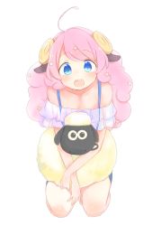Rule 34 | 1girl, ahoge, animal ears, blue eyes, blush, crossover, horns, long hair, looking at viewer, moa (show by rock!!), open mouth, pink hair, shaun the sheep, sheep, show by rock!!, simple background, smile, star (symbol), wallace and gromit, white background