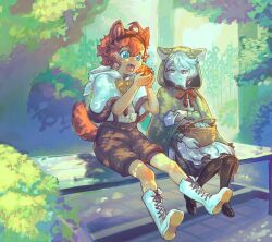 Rule 34 | 2girls, ahoge, animal ears, animal hood, basket, blue eyes, bow, bowtie, come9re95, commentary, dappled sunlight, day, eating, food, forest, grey eyes, gundam, gundam suisei no majo, handkerchief, highres, holding, holding food, hood, kemonomimi mode, looking at another, medium hair, miorine rembran, multiple girls, nature, open mouth, outdoors, pantyhose, red hair, shoes, shorts, sitting, smile, sparkle, suletta mercury, sunlight, suspenders, symbol-only commentary, table, tail, teeth, tomato, upper teeth only, white hair, wolf ears, wolf girl, wolf tail