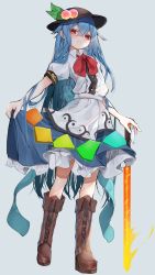 Rule 34 | 1girl, black hat, blue hair, blue skirt, boots, brown footwear, cross-laced footwear, food, fruit, full body, grey background, hair between eyes, hat, highres, hinanawi tenshi, long hair, looking at viewer, parted lips, peach, red eyes, shirt, simple background, skirt, solo, sword of hisou, touhou, tsune (tune), very long hair, white shirt