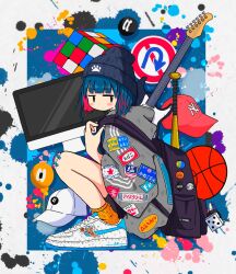 Rule 34 | 1girl, backpack, badge, bag, ball, baseball bat, baseball cap, basketball (object), beanie, black eyes, blue background, blue hair, blush, border, button badge, commentary, computer, dice, electric guitar, from side, full body, grey hat, grey shirt, guitar, hat, highres, holding strap, imac, instrument, jitome, looking at viewer, looking to the side, multicolored hair, nao97122, nike (company), original, outside border, paint splatter, patch, paw print, pink hair, road sign, rubik&#039;s cube, shirt, shoes, sign, sleeves past elbows, sneakers, socks, solo, squatting, sticker, streaked hair, streetwear, triple vertical stripe, white border, white footwear, wide sleeves, yellow socks