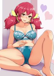 Rule 34 | 10s, 1girl, :p, against wall, aikatsu! (series), aikatsu friends!, asuka mirai (aikatsu friends!), barefoot, blue bra, blue panties, blush, bow, bow bra, bow panties, bra, breasts, closed mouth, collarbone, crotch seam, floral print, hair ribbon, half-closed eyes, hand on own stomach, head tilt, heart, lace, lace-trimmed bra, lace trim, large breasts, legs, light blush, long hair, looking at viewer, navel, panties, print bra, print panties, red hair, ribbon, shadow, sitting, smile, solo, spread legs, tongue, tongue out, twintails, tyranu, underwear, underwear only, yellow ribbon