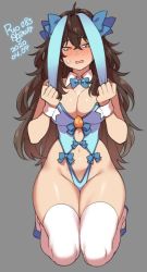 Rule 34 | 1girl, 2020, agawa ryou, animal ears, blue bow, blush, bow, breasts, brown hair, cleavage, commentary, cuffs, dated, grey background, hair bow, kneeling, long hair, looking at viewer, medium breasts, navel, orange eyes, original, rabbit ears, signature, simple background, solo, sweatdrop, thighhighs, thighs, white thighhighs