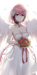Rule 34 | 1girl, alternate costume, angel wings, bare shoulders, bouquet, bow, breasts, bridal veil, bride, chain, cleavage, collar, collarbone, dress, elbow gloves, feathered wings, feathers, flower, gloves, green eyes, hair between eyes, hair flower, hair ornament, hair ribbon, highres, ikaros, large breasts, long hair, looking at viewer, md5 mismatch, pink hair, red flower, red ribbon, red rose, resolution mismatch, ribbon, rose, solo, sora no otoshimono, source smaller, standing, strapless, strapless dress, veil, very long hair, wedding dress, white bow, white dress, white flower, white ribbon, white rose, wings, ying jing meng